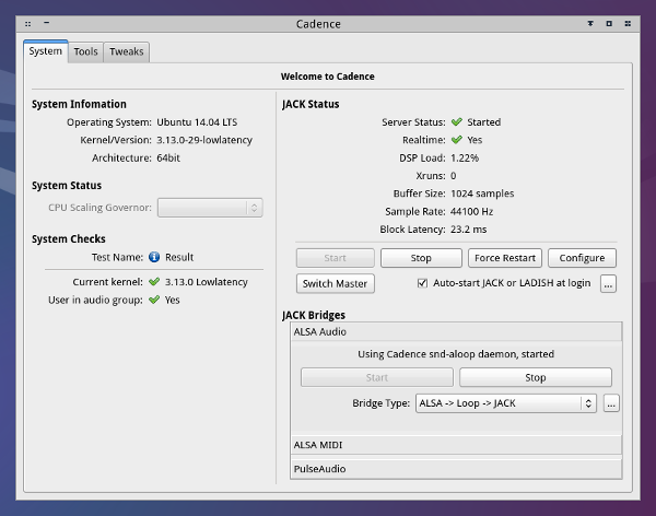 Cadence main window showing information about JACK running