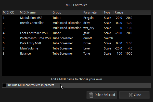MIDI controller settings