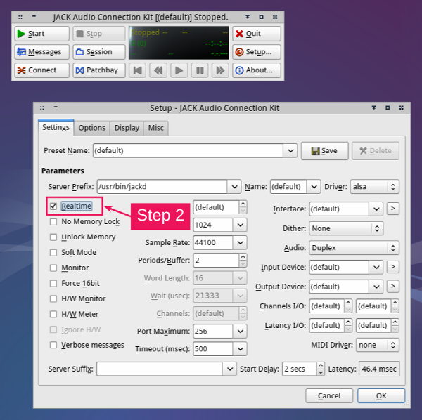 Setting up qjackctl step 2