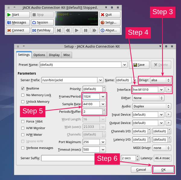 Setting up qjackctl step 3 to 6