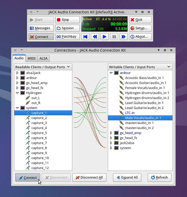 Qjackctl main window, also with connection window showing