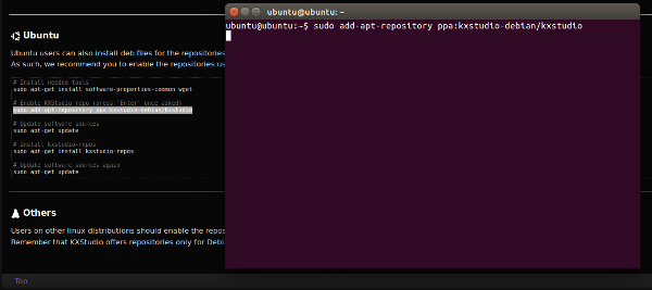 Copy and pasting into the terminal to set up KXStudio repositories