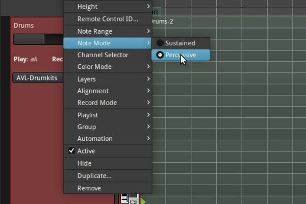 Selecting percussive note mode in Ardour