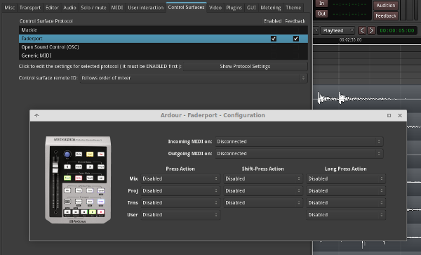 Ardour's faderport dialog