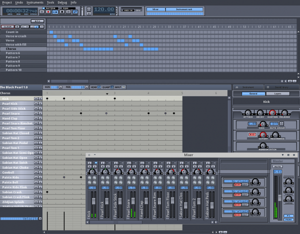 Hydrogens interface showing the pattern editor, pattern sequencer and mixer